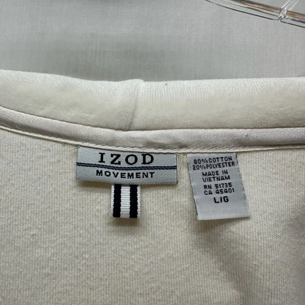 Izod Movement Velour Full-zip Hooded Sweatshirt Women L Stretch Pocket Off White - Picture 12 of 12